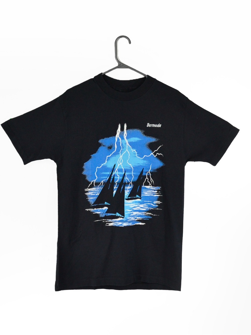 Vintage 80s 90s Thunder Storm Ocean Sea Sailing Bermuda Graphic Black Shirt